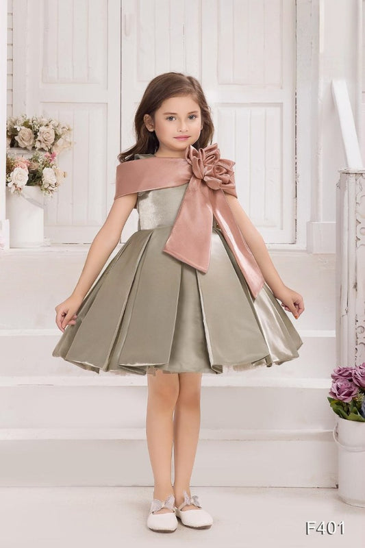 Olive Frock with Pink Satin Sash and Oversized Floral Bow