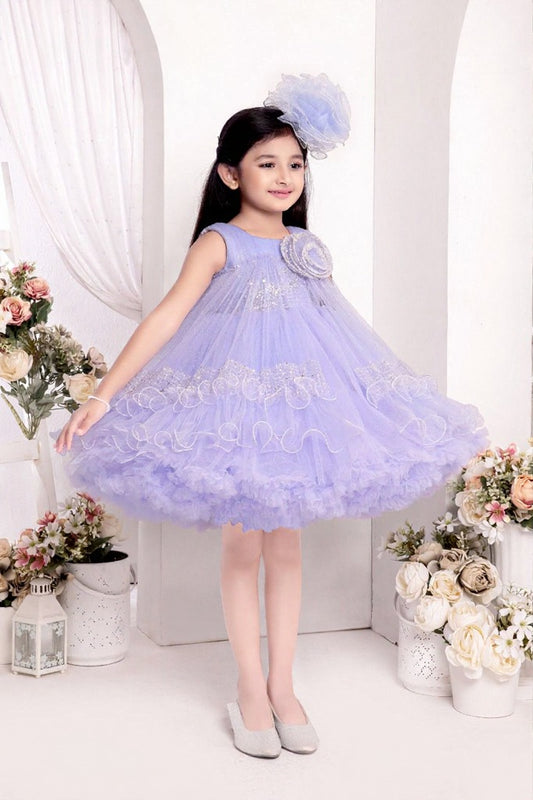 Blue color frock with floral applique