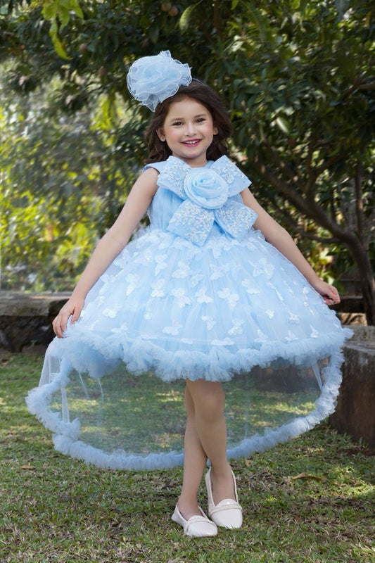 Blue frock with flower appliques and big centerpiece