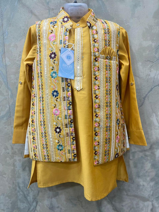 Aarom Mustard Open Jacket Kurta Pajama set