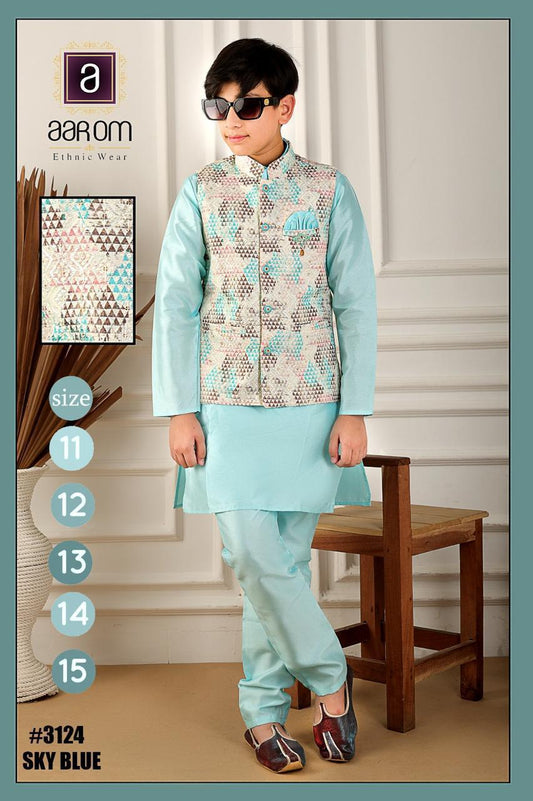 Aarom Big Boys Sky Blue Jacket Kurta Pajama set
