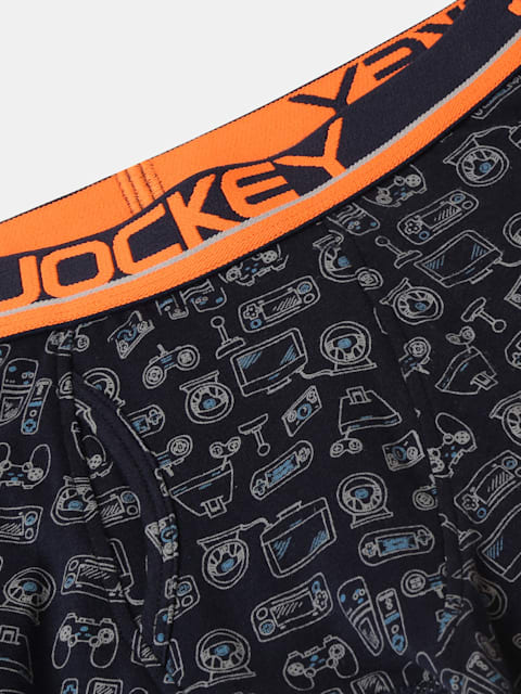 Jockey Boy's Super Combed Cotton Elastane Stretch Printed Trunk with Front Open Fly and Ultrasoft Waistband - Assorted Prints (Pack of 2)