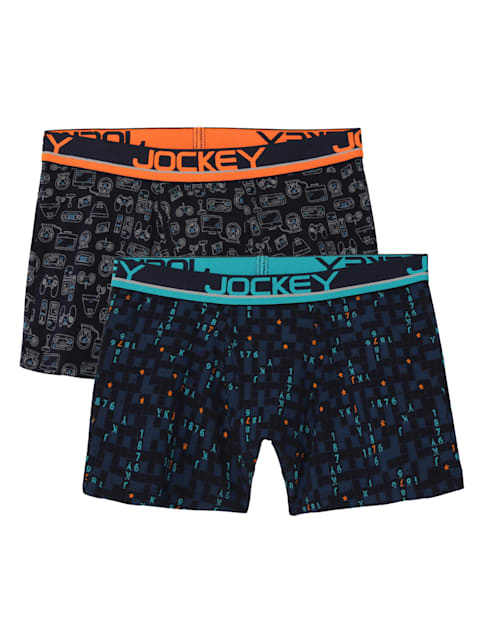 Jockey Boy's Super Combed Cotton Elastane Stretch Printed Trunk with Front Open Fly and Ultrasoft Waistband - Assorted Prints (Pack of 2)