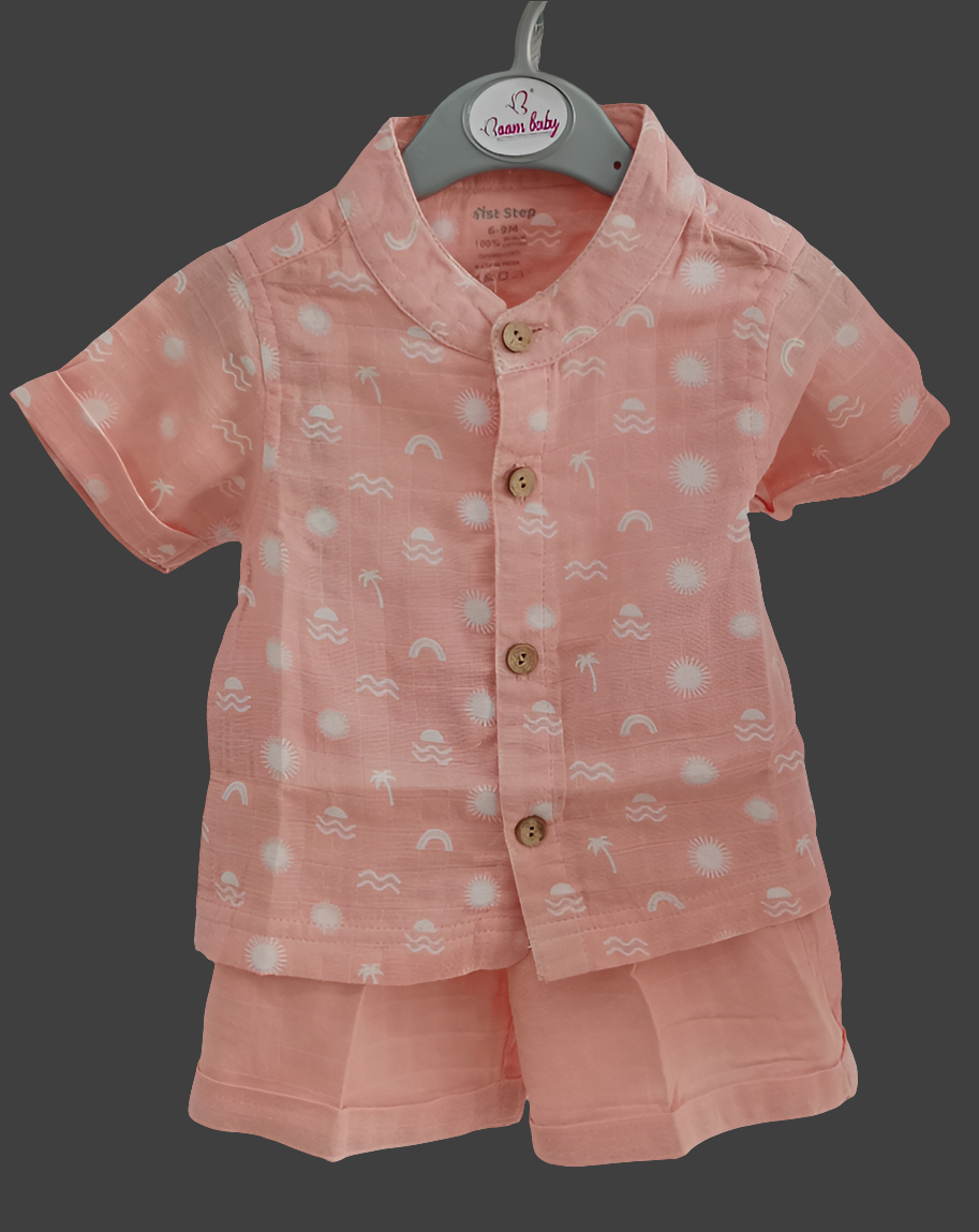 Muslin Peach suit set for boys with half sleeves