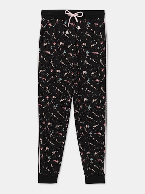 Jockey Girl's Super Combed Cotton French Terry Fabric Printed Slim Fit Joggers with Side Pockets - Black Printed