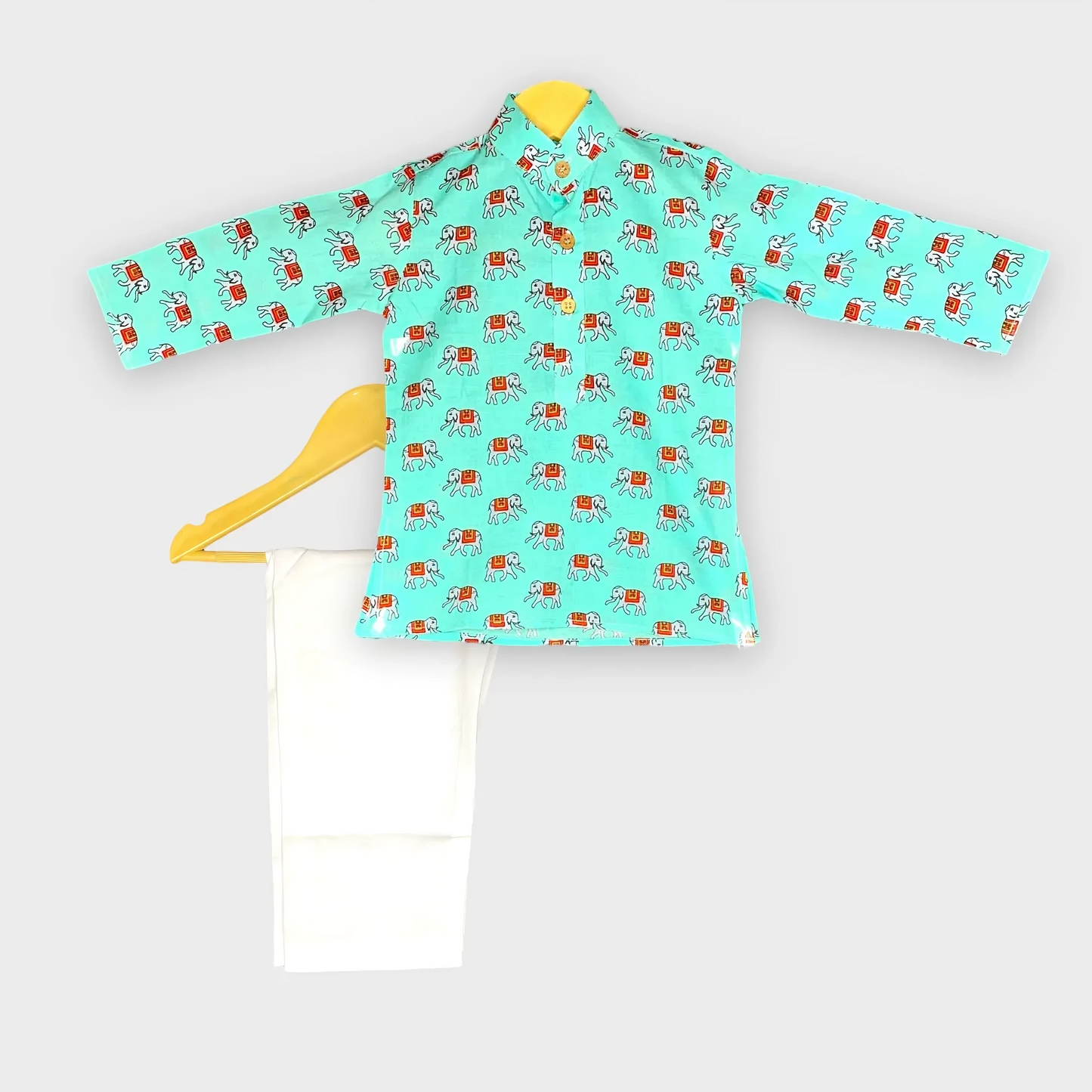 Seafoam Blue Elephant Print Kids Kurta Pajama