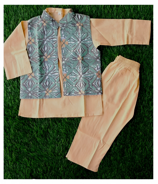 Floral printed Green colour kurta set with jacket for Boys