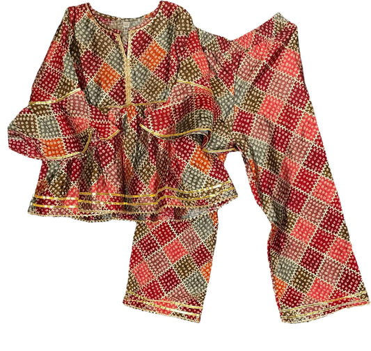 Girls muslin brown kurta set with gota patti work