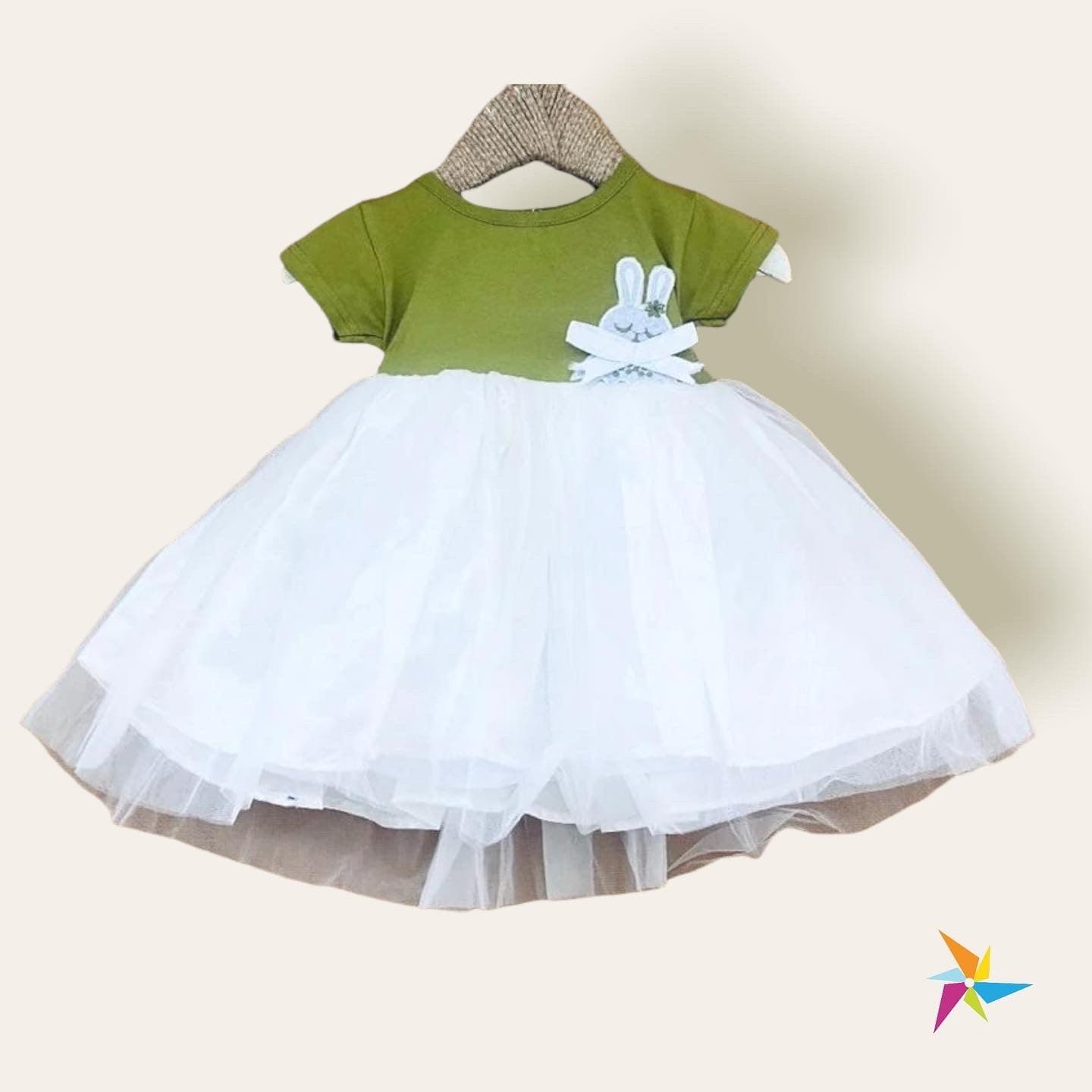 Baby Girl net party wear frock green & white