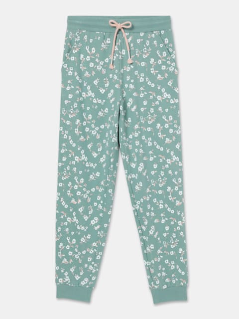 Jockey Girl's Super Combed Cotton French Terry Fabric Printed Slim Fit Joggers with Side Pockets - Mineral Blue Printed