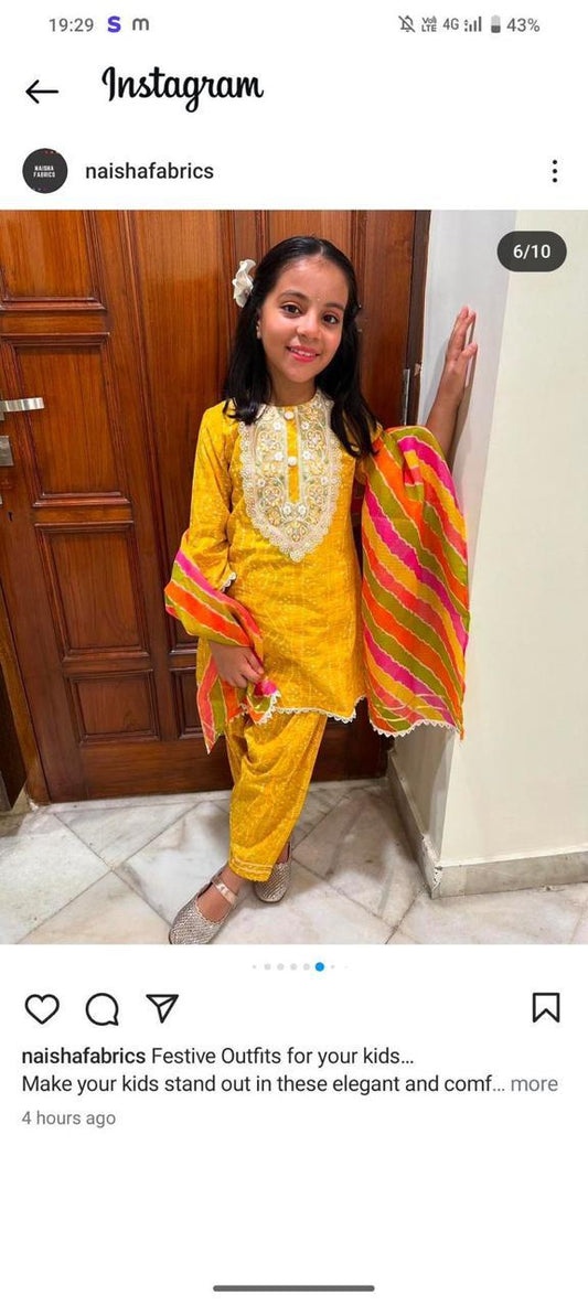 Yellow printed kurti set all with dupatta