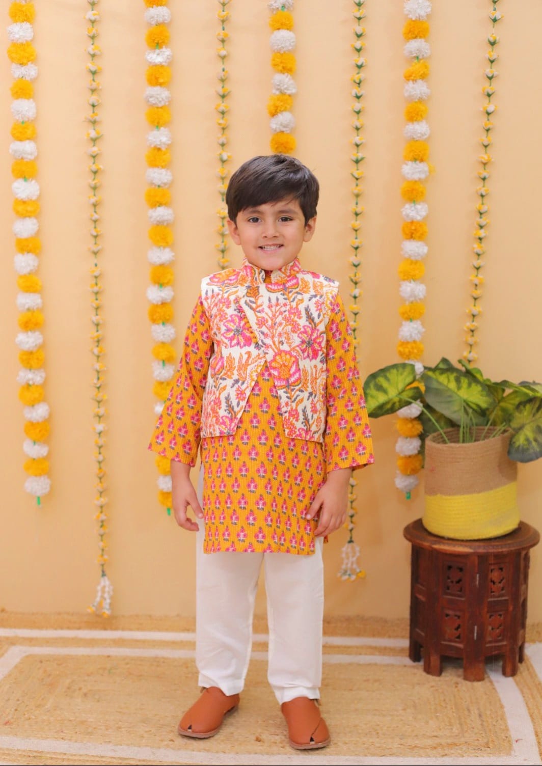 Yellow floral print cotton kurta pajama set with jacket