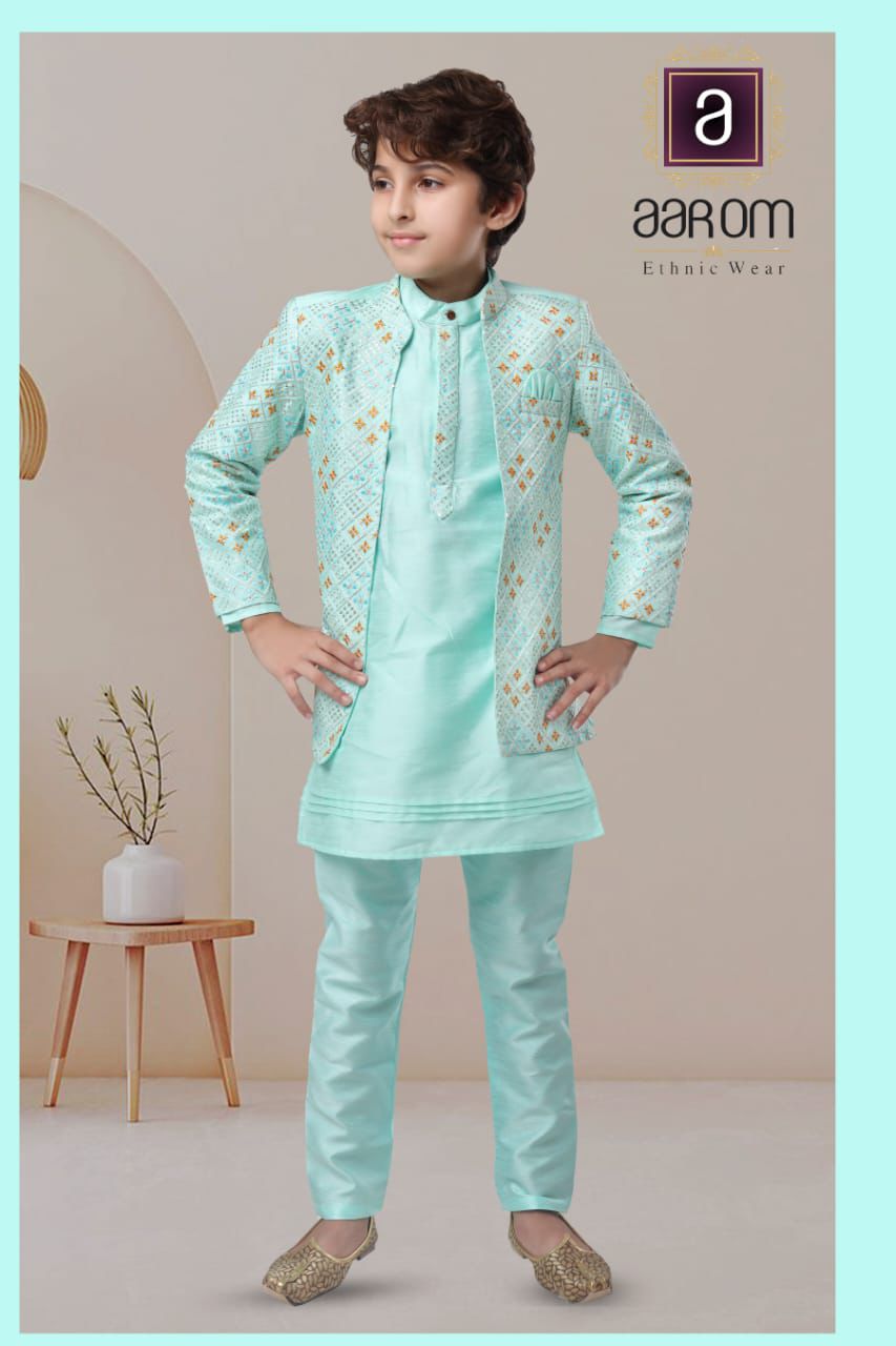 Aarom Sea Green Indo Westren Set for Boys