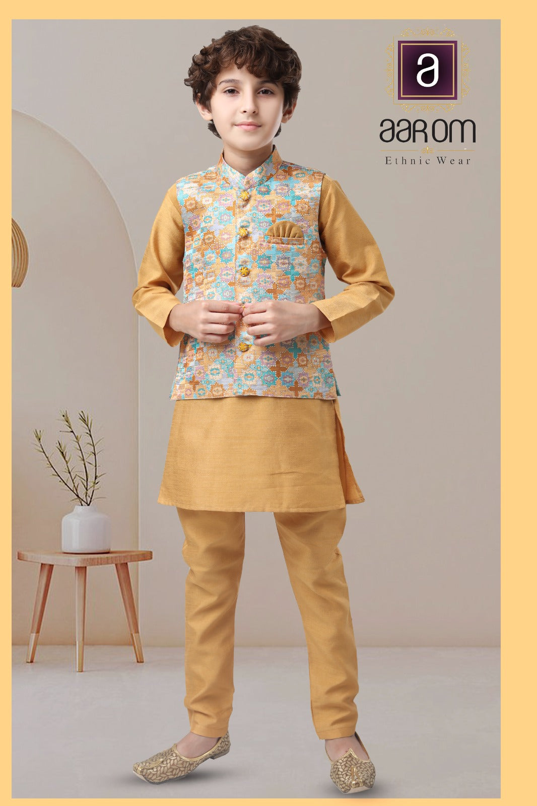 Yellow kurta pajama set with jacket