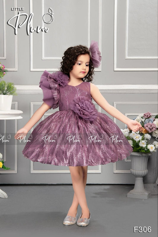 Wine Sleeveless Party Frock with big flower