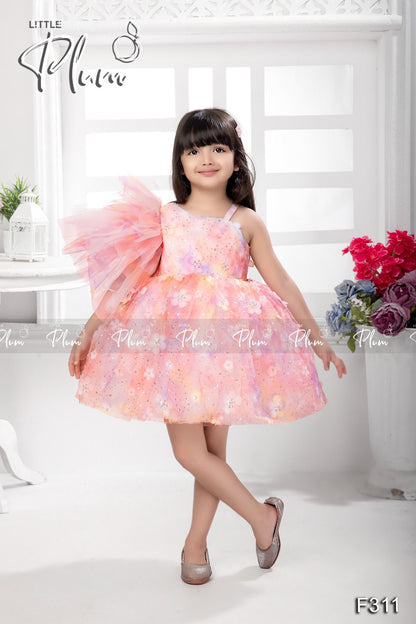 Peach off sholder Party frock with 3D flowers