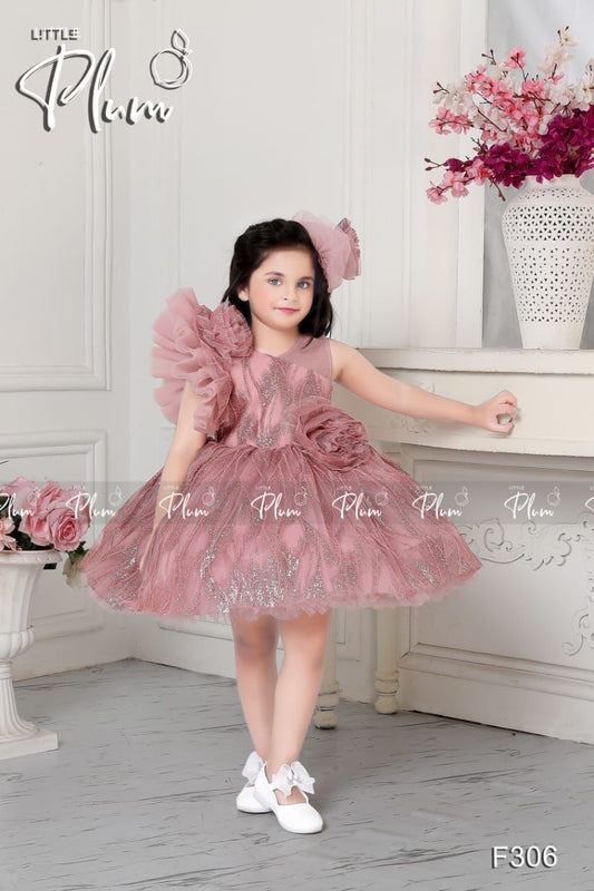 Onion color Sleeveless Party Gown with big flower