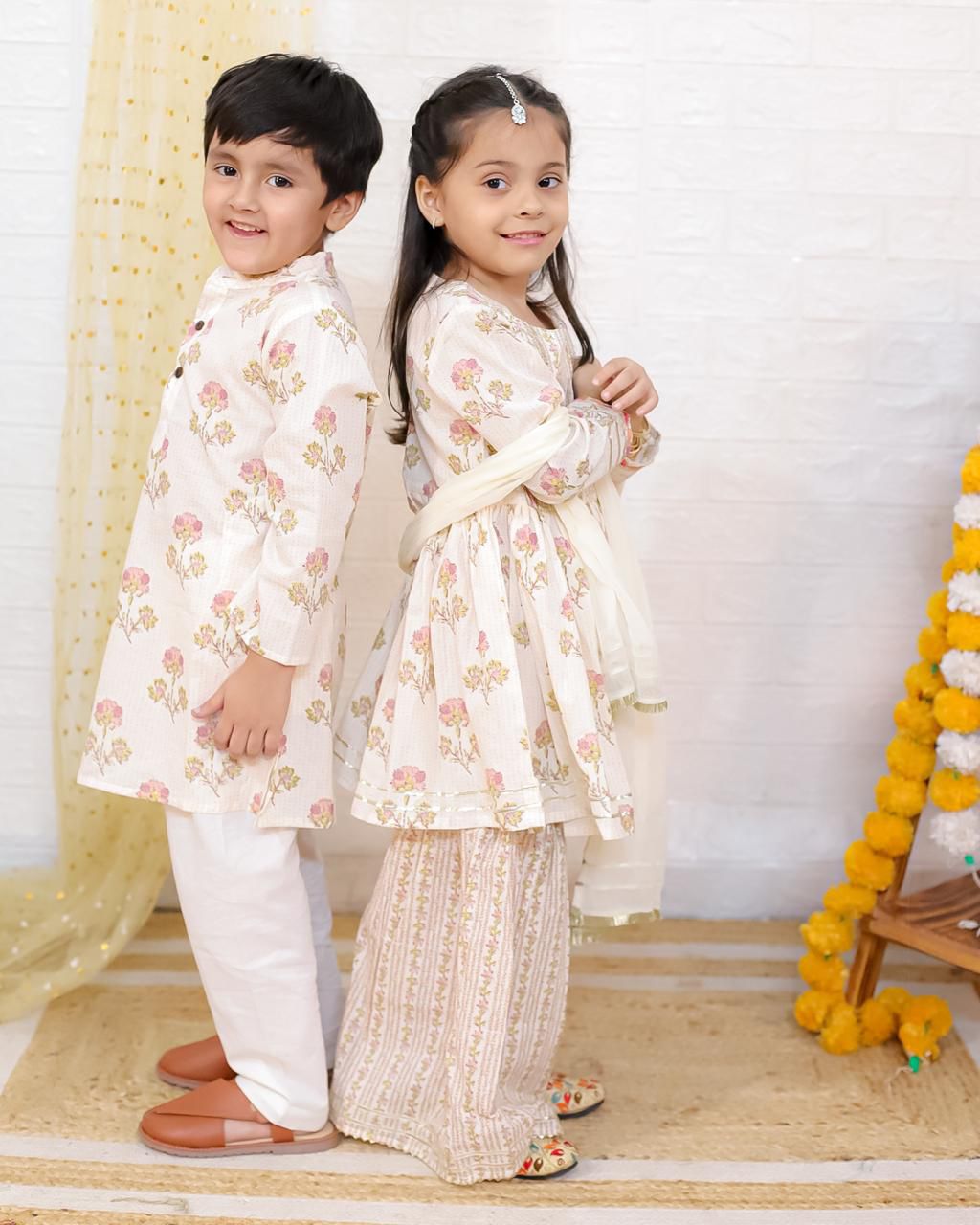 White Floral Kurti Pant Set