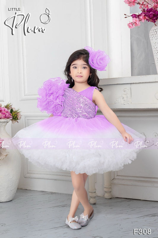 Lavendar Sleeveless Party Frock with Sequin work & big flower