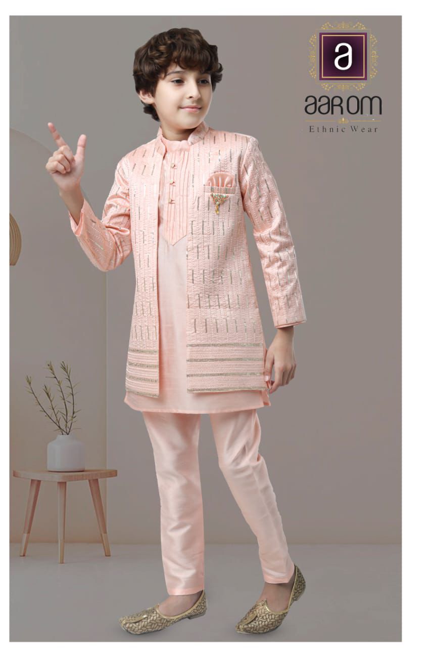 Peach color indo western kurta pajama set with jacket