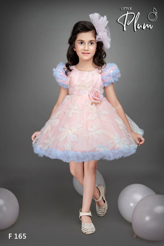 Peach color frill sleeves party frock for little girls