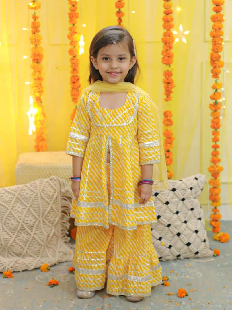 Yellow leheriya kurti sharara with dupatta