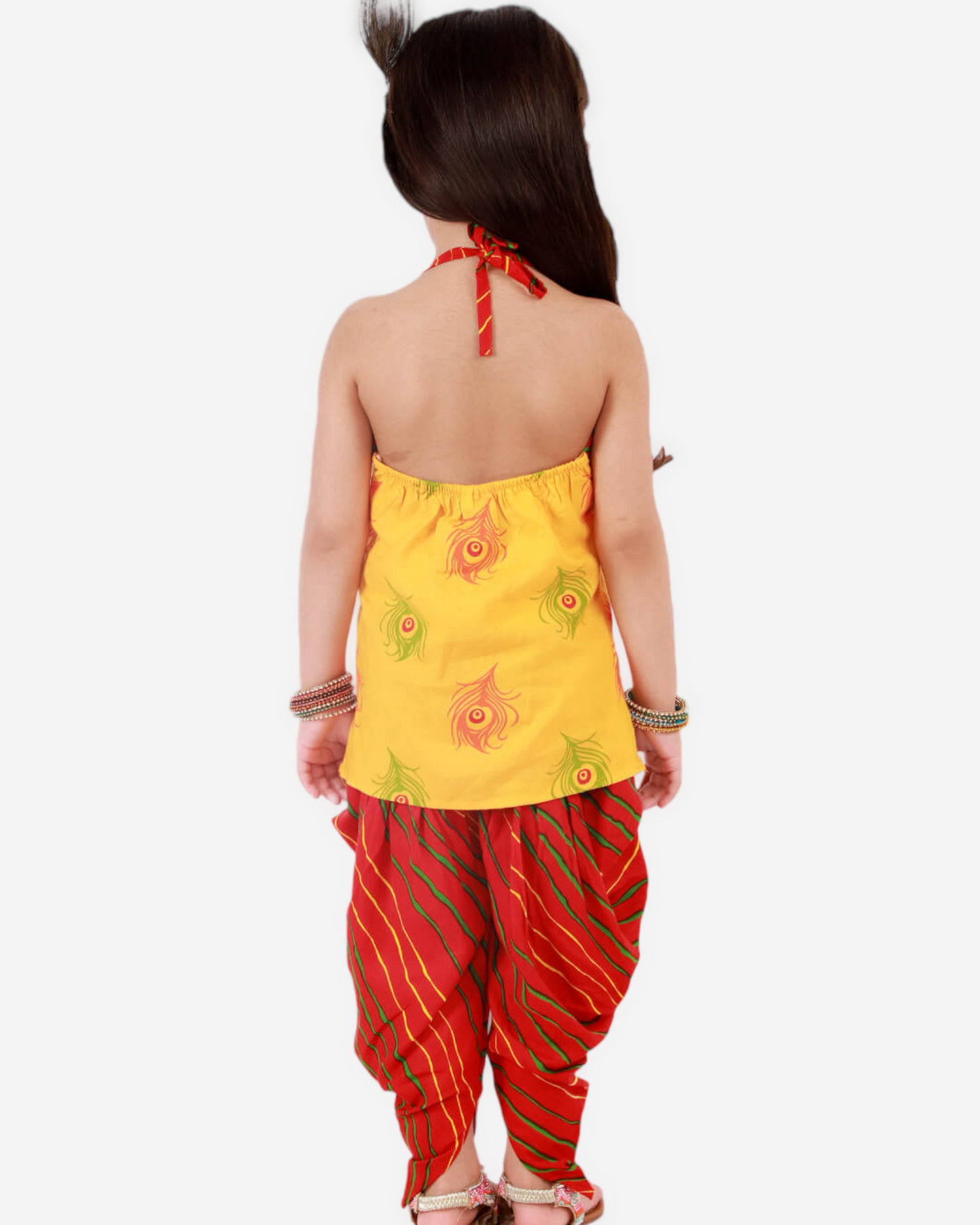 Sleeveless Yellow Kurta with Peacock Feather Print, Tassel Detailing, and Leheriya Dhoti