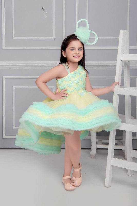 Sleevless Lemon green frock with Butterfly pattern