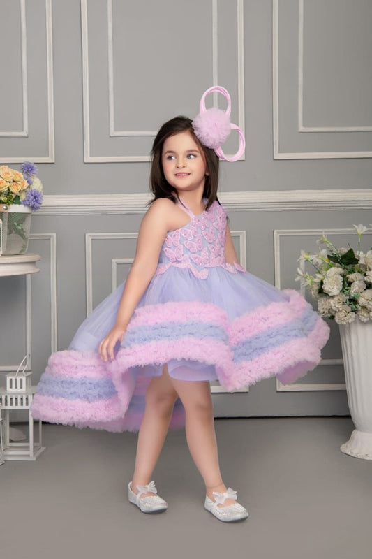 Blue and Pink sleevless frock with Butterfly pattern and thick borders for baby Girls