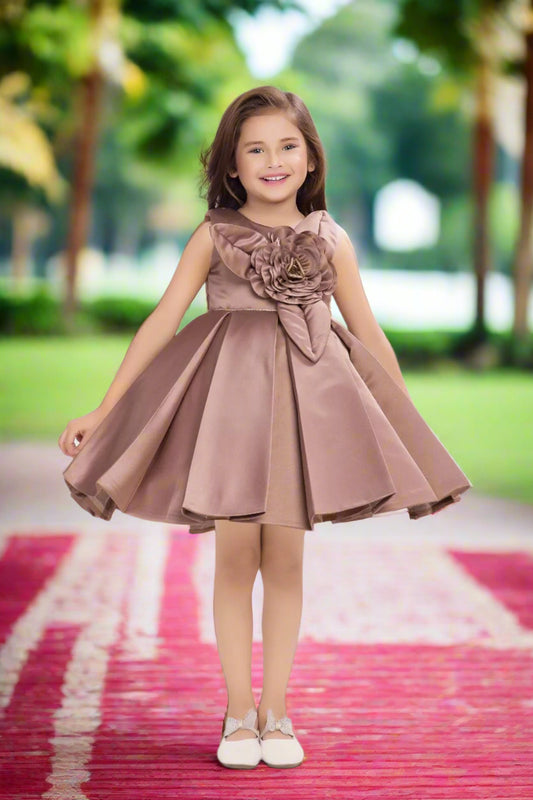 Sleeveless Copper Frock with 3D Floral design