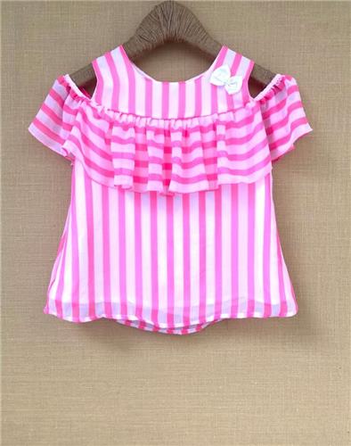 White and Pink Striped Cold Shoulder Top