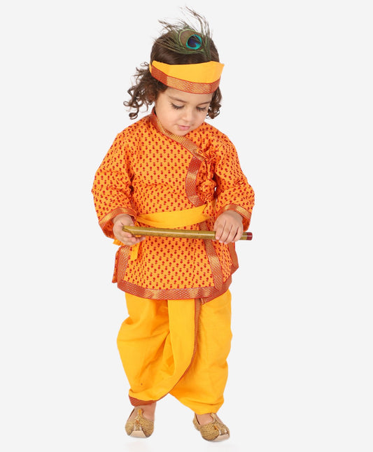 Yellow and red color traditional krishna set with coordinating lace embellished