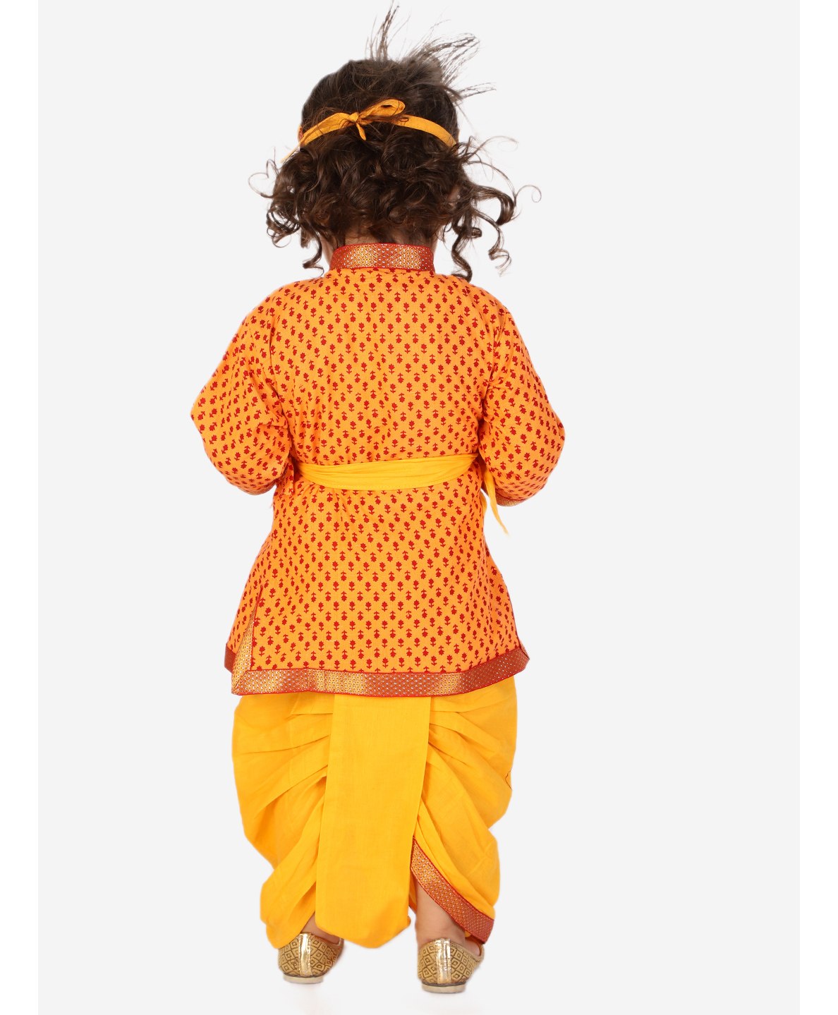 Yellow and red color traditional krishna set with coordinating lace embellished