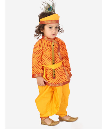 Yellow and red color traditional krishna set with coordinating lace embellished