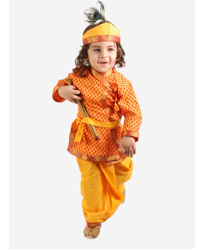 Yellow and red color traditional krishna set with coordinating lace embellished