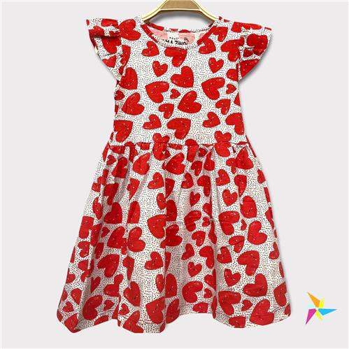 Girls heart print frill sleeve frock, Red