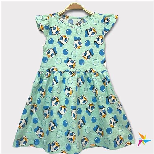 Girls cartoon print frill sleeve frock, sky blue