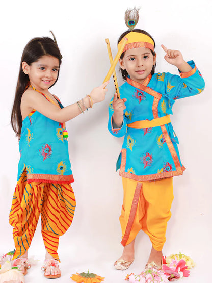 Boys BlueMor Pankh Printed Kanha Angarakha Kurta With Coordinating Lace Embellished Dhoti