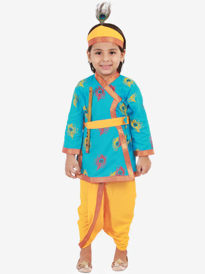 Boys BlueMor Pankh Printed Kanha Angarakha Kurta With Coordinating Lace Embellished Dhoti