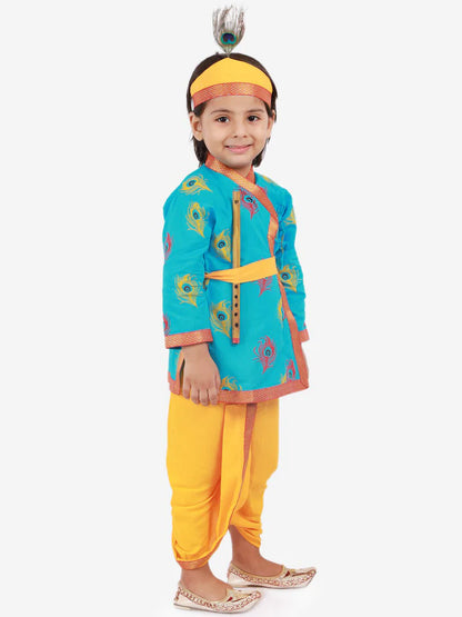 Boys BlueMor Pankh Printed Kanha Angarakha Kurta With Coordinating Lace Embellished Dhoti