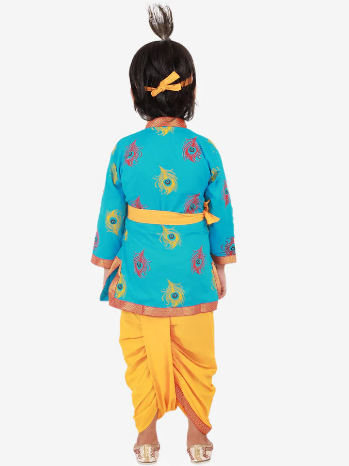 Boys BlueMor Pankh Printed Kanha Angarakha Kurta With Coordinating Lace Embellished Dhoti