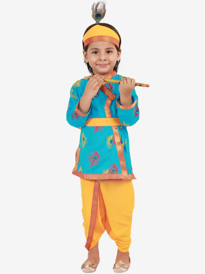 Boys BlueMor Pankh Printed Kanha Angarakha Kurta With Coordinating Lace Embellished Dhoti