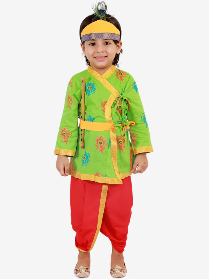 Boys GreenMor Pankh Printed Kanha Angarakha Kurta With Coordinating Lace Embellished Dhoti