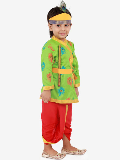 Boys GreenMor Pankh Printed Kanha Angarakha Kurta With Coordinating Lace Embellished Dhoti