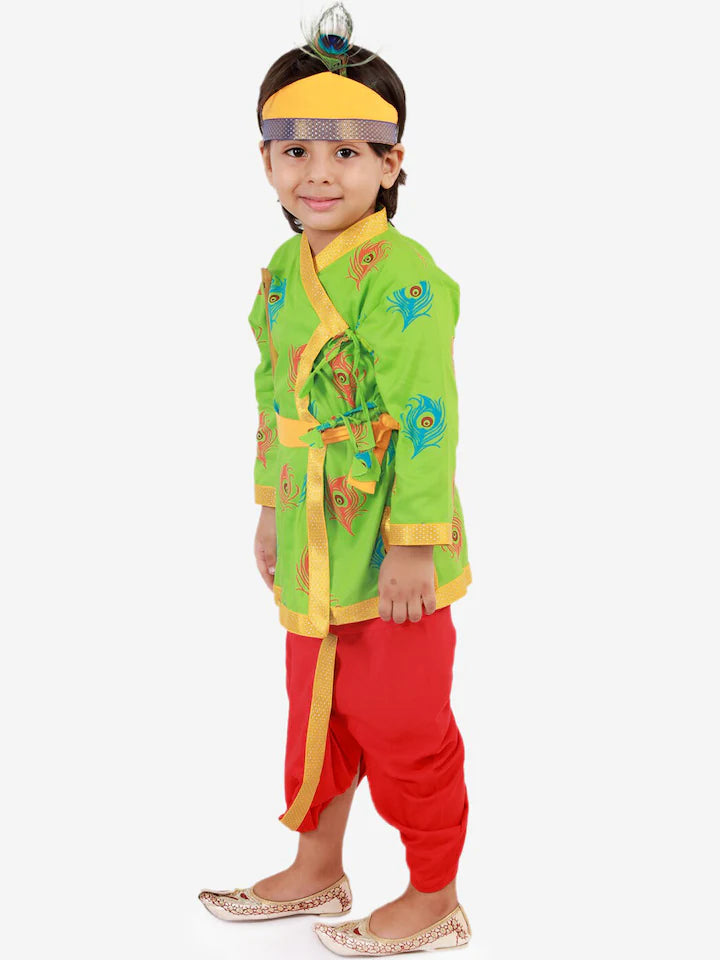 Boys GreenMor Pankh Printed Kanha Angarakha Kurta With Coordinating Lace Embellished Dhoti