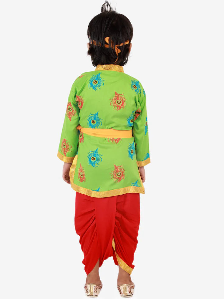 Boys GreenMor Pankh Printed Kanha Angarakha Kurta With Coordinating Lace Embellished Dhoti