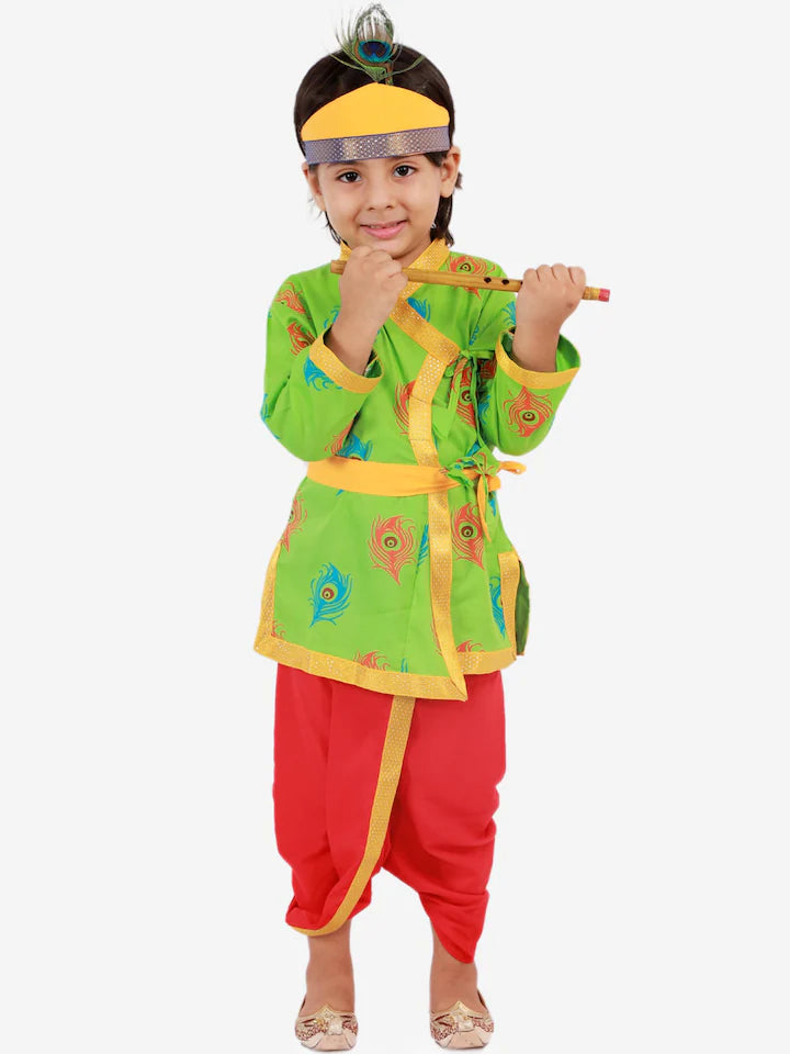 Boys GreenMor Pankh Printed Kanha Angarakha Kurta With Coordinating Lace Embellished Dhoti