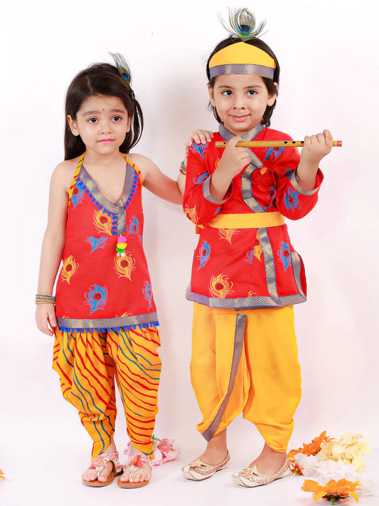 Boys RedMor Pankh Printed Kanha Angarakha Kurta With Coordinating Lace Embellished Dhoti