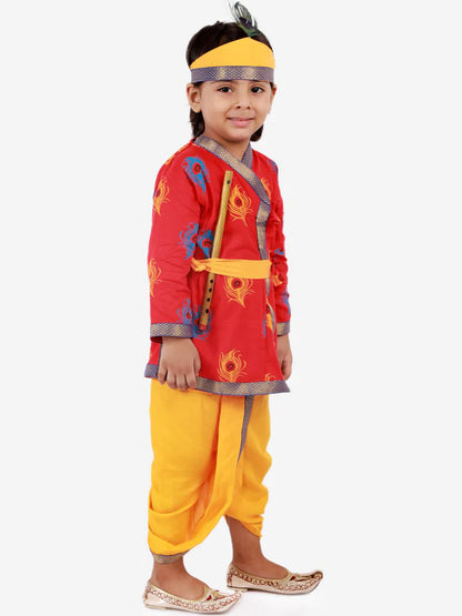 Boys RedMor Pankh Printed Kanha Angarakha Kurta With Coordinating Lace Embellished Dhoti