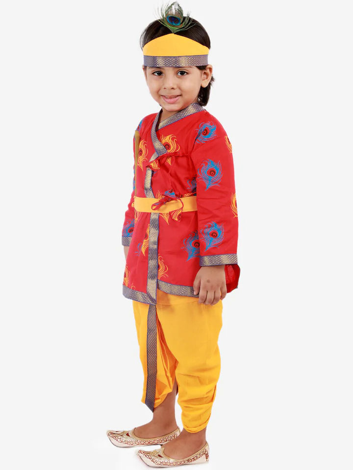 Boys RedMor Pankh Printed Kanha Angarakha Kurta With Coordinating Lace Embellished Dhoti